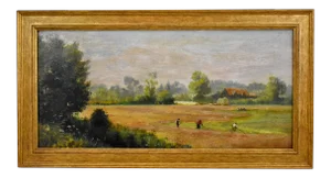 19th C. English Romantic Pastoral Farm Harvest Oil Painting in Gold Leaf Frame