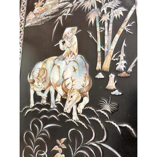 Set of Four Chinese Japonisme Black Lacquer Panels With Dimensional Mother-of-Pearl Inlay, Figural Pastoral Scenes For Sale - Image 11 of 12
