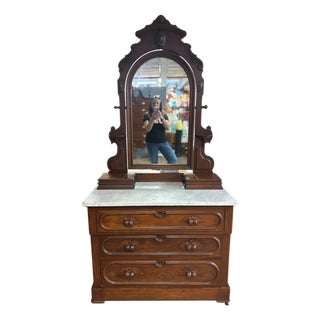 Antique Victorian Walnut Marble Top Dresser With Tilting Mirror & Hand-Carved Acorn Pulls For Sale