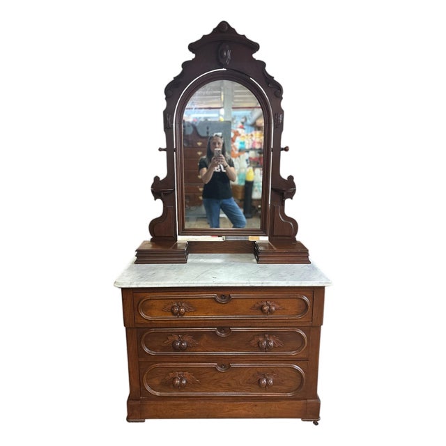 Antique Victorian Walnut Marble Top Dresser With Tilting Mirror & Hand-Carved Acorn Pulls For Sale