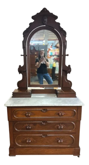 Antique Victorian Walnut Marble Top Dresser With Tilting Mirror & Hand-Carved Acorn Pulls