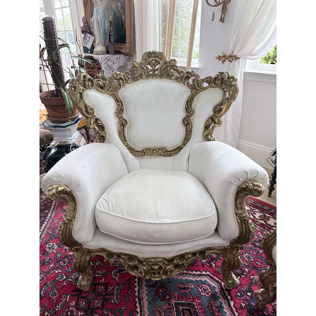 Wood Late 20th Century Pair of Ornate Rococo Revival Gilt Carved Armchairs Down Filled For Sale - Image 7 of 12