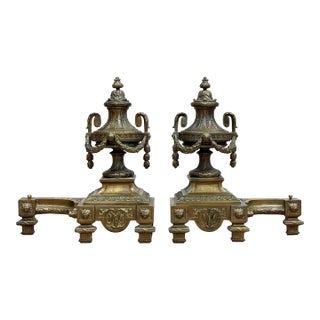 Vintage Gilt Bronze French Neo-Classical Urn Form Fireplace Chenets Andirons, Pair For Sale