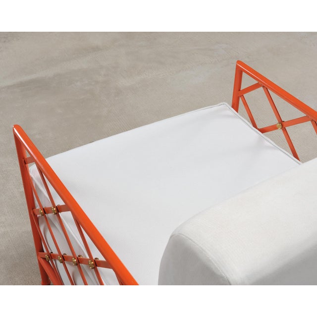 Pair of French Maison Jean Orange Iron Lattice Lounge Chairs For Sale - Image 11 of 18