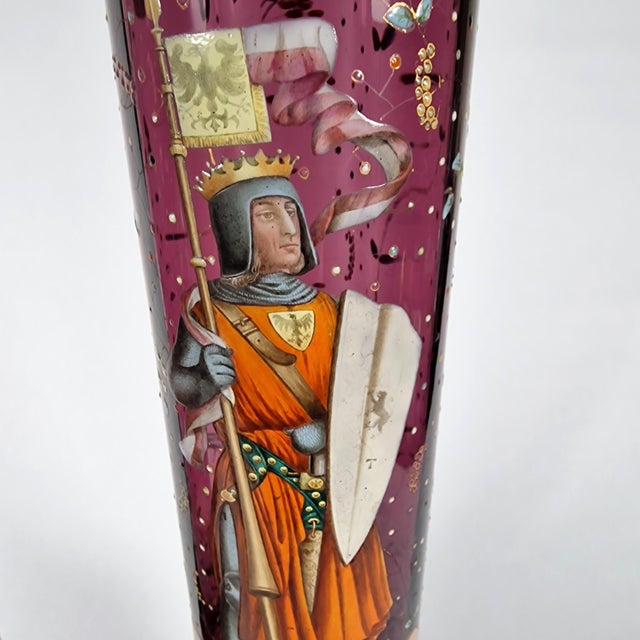 Two 19th C Bohemian Cranberry Pokal Vases King Rudolph I and Otto II Enamel For Sale - Image 9 of 15