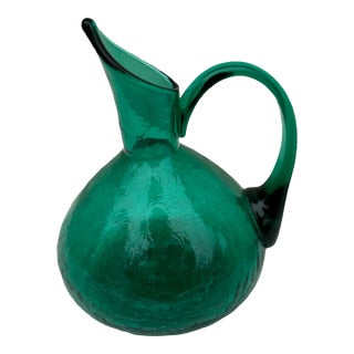 1950s Mid Century Emerald / Teal Glass Crackle Pitcher- Medium Sized For Sale