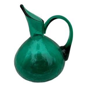Pitcher: 1950s Mid Century Emerald / Teal Glass Crackle Pitcher- Medium Sized