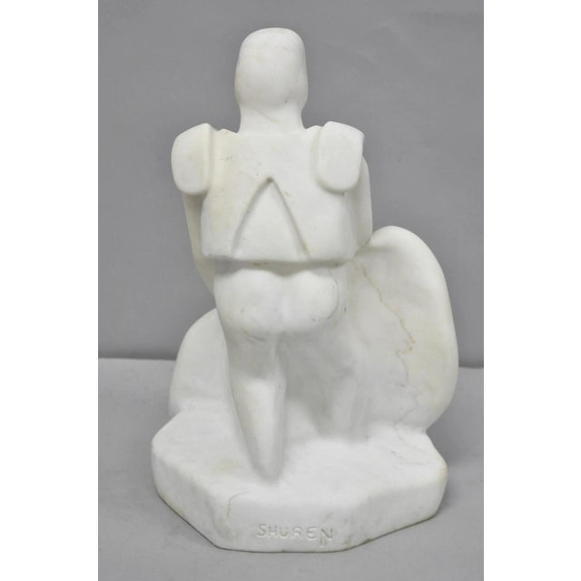 Vintage Seymour Shuren Modern White Carved Marble Male Soldier Figure Sculpture For Sale - Image 11 of 16