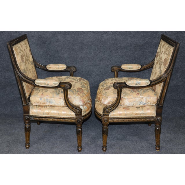 Pair of Antique French Louis XVI Style Silk Upholstered Armchairs For Sale - Image 4 of 12