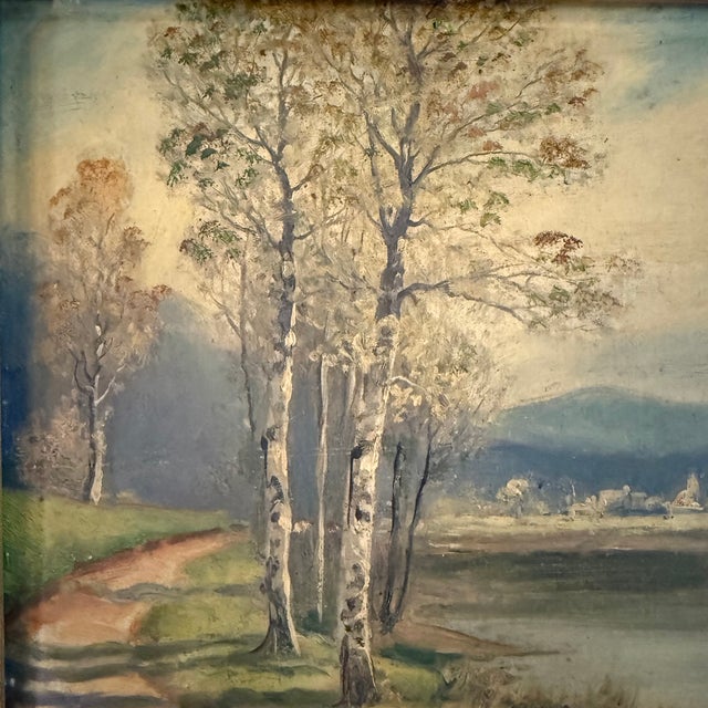 Impressionist Pair of Petite Mid-Century Birch Trees & River Landscape Paintings For Sale - Image 3 of 10