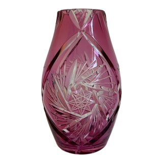 Cranberry Pink Cut-to-Clear Cased Glass Vase For Sale