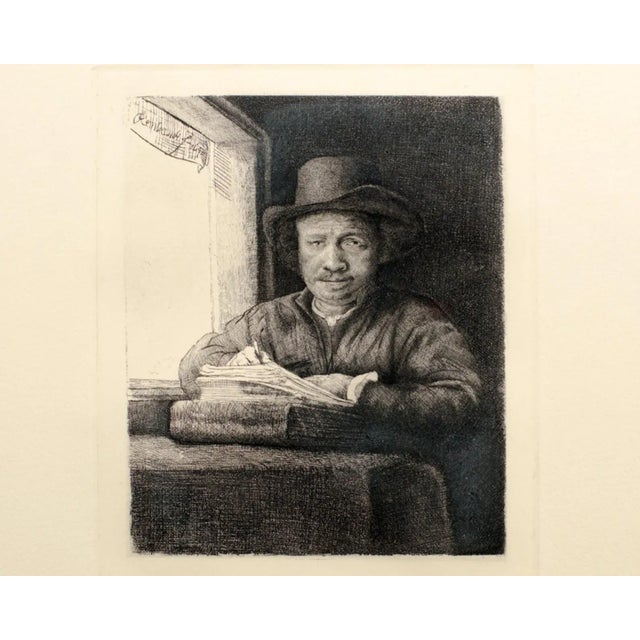 Art Deco 1800's Black & White Original Etching "Self Portrait Drawing At a Window" by Parisian Artist Amand-Durand, Signed & Framed For Sale - Image 3 of 5
