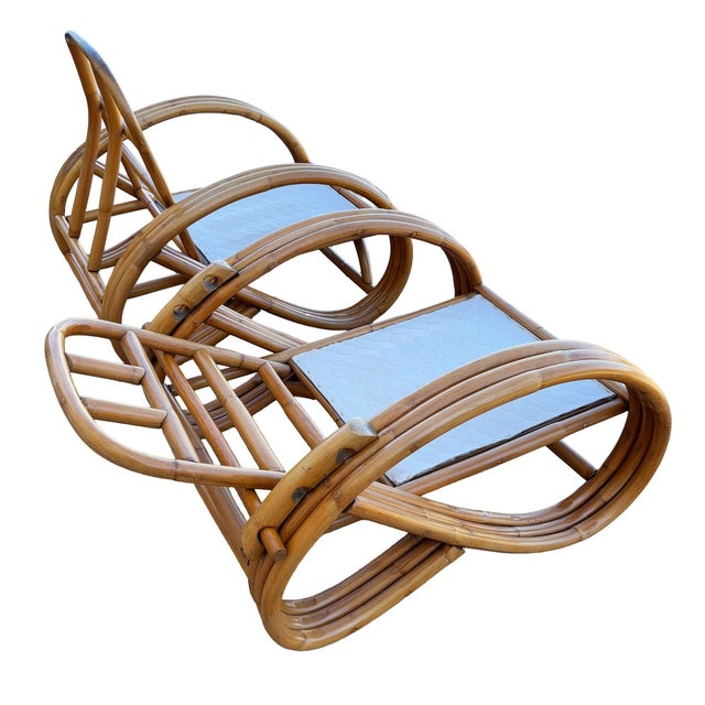 1950s 1950s Restored Mid-Century 3/4 Round Pretzel Arm Rattan Lounge Chair Set For Sale - Image 5 of 18