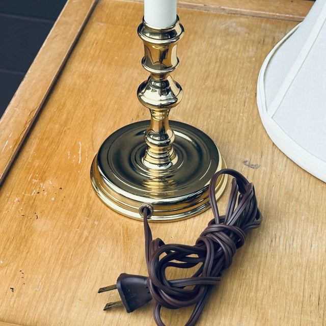 Virginia Metalcrafters Solid Brass Candlestick Lamp With Silk Shade and Brass Acorn Finial For Sale - Image 10 of 11