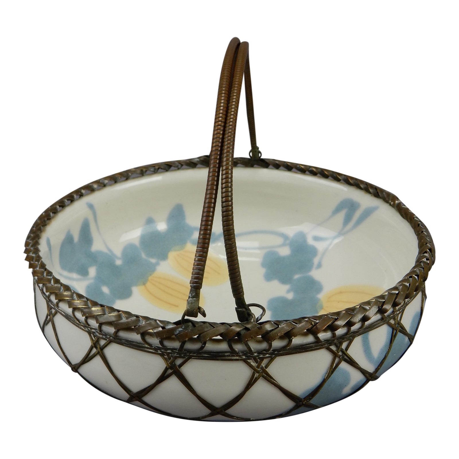 Antique Japanese Awaji Pottery Bowl Basket Woven Silver Bronze Overlay