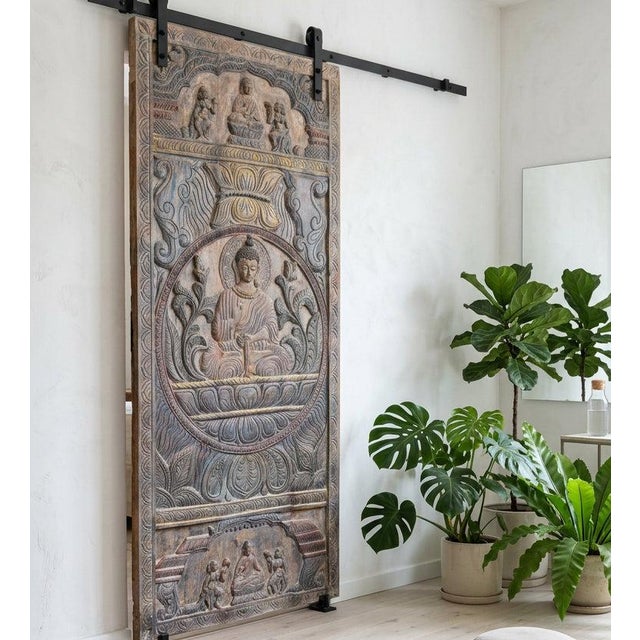 Antique Moonlight Carved Buddha Door Panel Seated Buddha on Lotus Wood Wall Art Meditation 83x36 For Sale In Orlando - Image 6 of 9