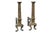 A pair of tall brass fireplace andirons with fluted, egg-and-dart carved columns, floral rosette medallion base, cabriole...