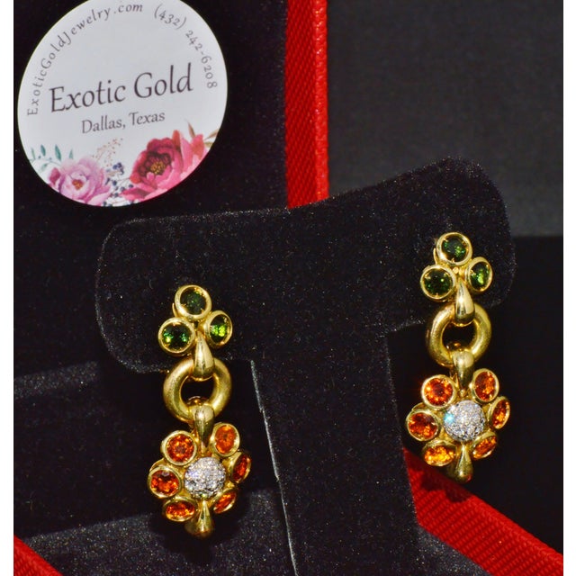 Authentic Vintage Piero Milano 5.40Cts Natural Spessartite Garnet Green Tourmaline Diamond Solid 18k Gold Earrings, Pair For Sale - Image 15 of 16