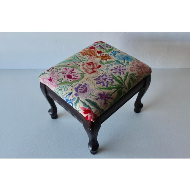 Wood Vintage Vibrant Floral Needlepoint Footstool Ottoman Mid-Century For Sale - Image 7 of 14
