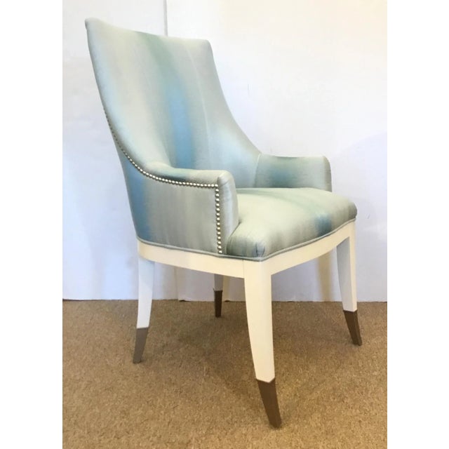 Stylish Caracole Custom Blue Modern A La Carte Dining/Desk Chair, elegant white wood frame adorning antique nickel...