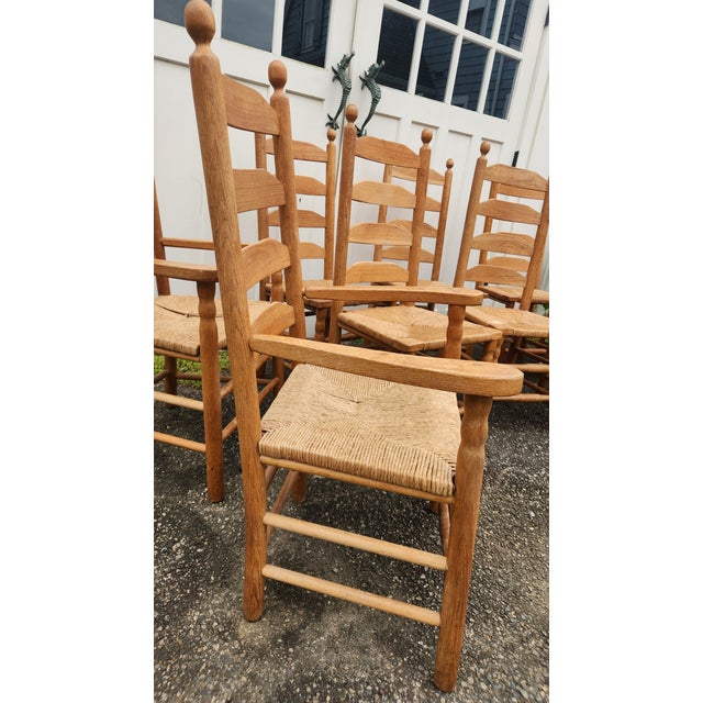 Vintage Set of 10 Light Oak Ladder-Back Rush Seat Dining Chairs For Sale - Image 14 of 18