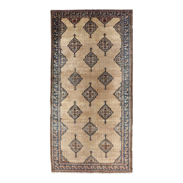 Antique Persian Serab Gallery With Tribal Geometric Design in Camel, Green, Blue For Sale