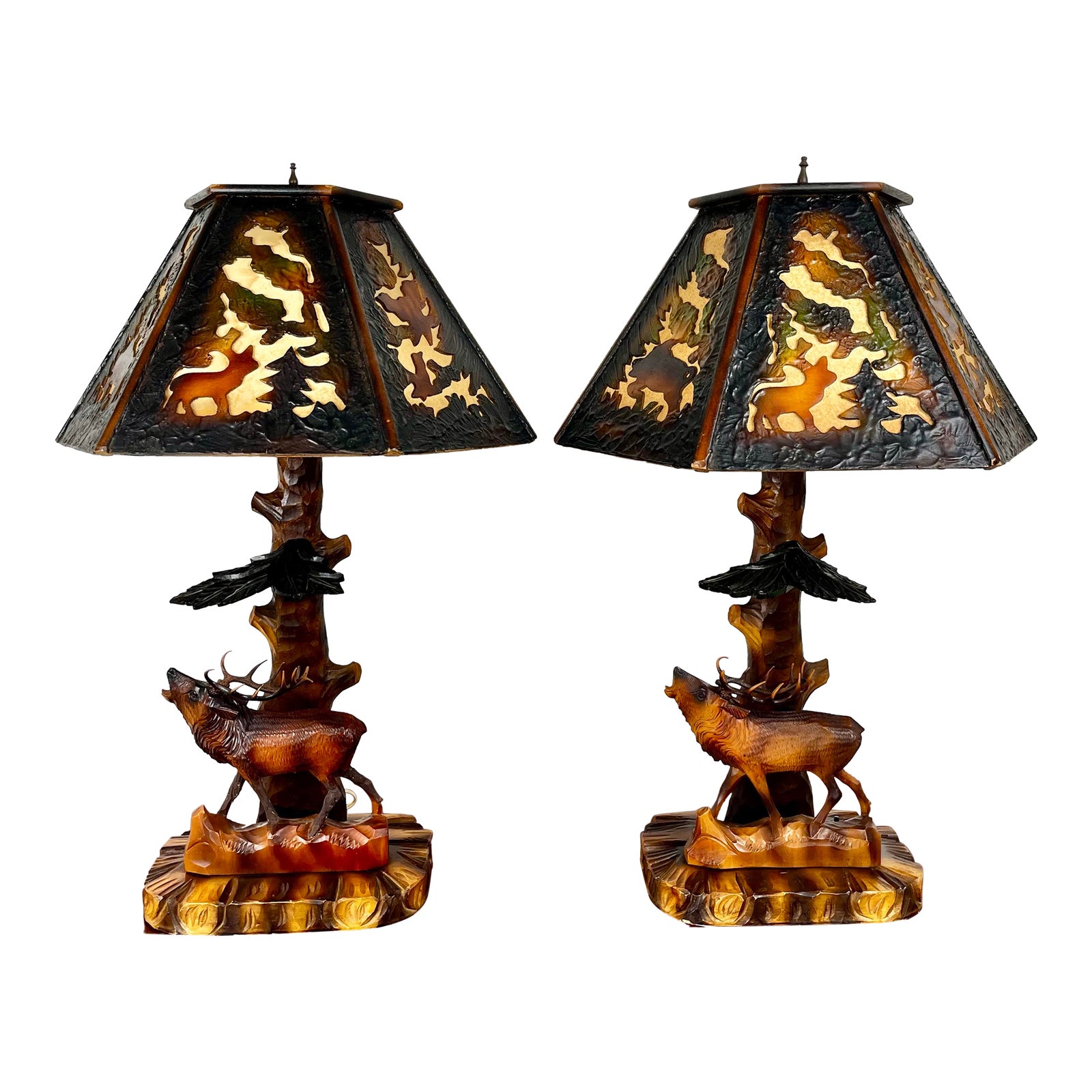 Vintage Black Forest Carved Wood Stag Lamps- A Pair Chairish