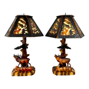 Vintage Black Forest Carved Wood Stag Lamps- A Pair