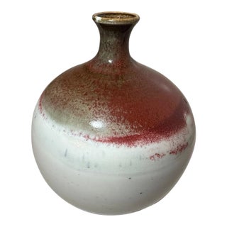 Vintage 1970's Deborah Slahta Studio Handmade Ox Blood Red White Pottery Vase For Sale