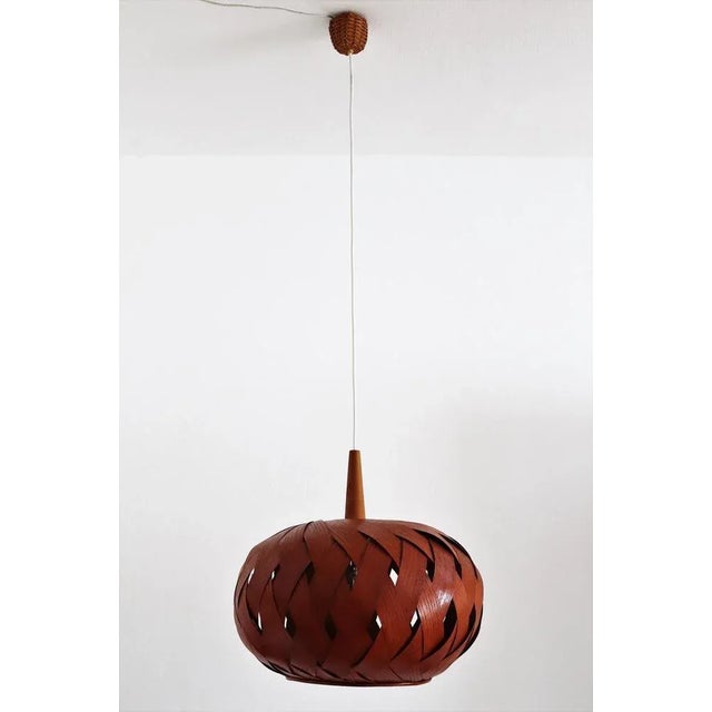Wood Organic Modernist Natural Teak Wood Veneer and Wicker Pendant Lamp, 1960s For Sale - Image 7 of 18