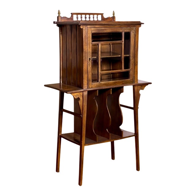 Art Nouveau Walnut Display or Music Cabinet With Beveled Glass and Easel Stand, C. 1910s For Sale