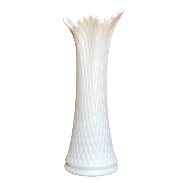 Vintage Mid-Century Modern Milk Glass Swung Glass Stretch Vase. For Sale