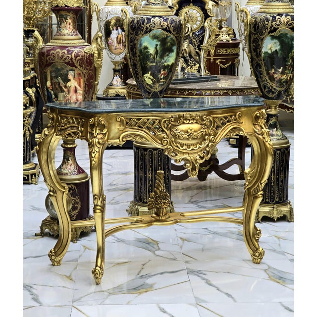 French French Style Console Table Black Marble Topped Gold Details For Sale - Image 3 of 4