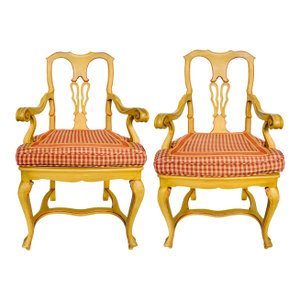 Early 20th Century Venetian Yellow Wood Upholstered Accent Armchairs - A Pair