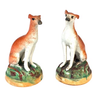 Pair of Victorian Staffordshire Pottery Seated Whippet Figures, Circa 1860 For Sale