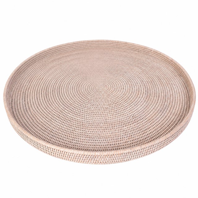 Coastal Artifacts Rattan Round Serving Ottoman Tray 32" Diameter, White Wash For Sale - Image 3 of 4