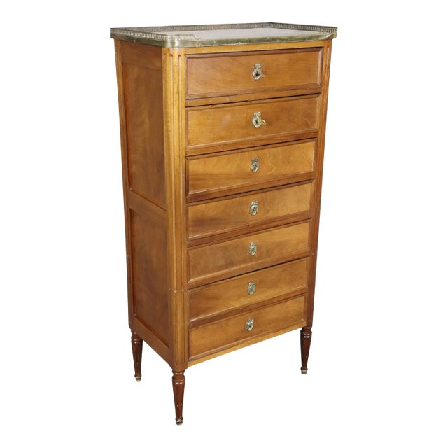 French Louis XVI Style Bronze Mounted Marble Top Mahogany High Chest C. 1940's For Sale