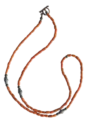 38" Mid-Century Coral Necklace With Accented With Detailed Metal