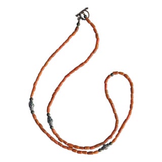 38" Mid-Century Coral Necklace With Ornate Metal Accents For Sale