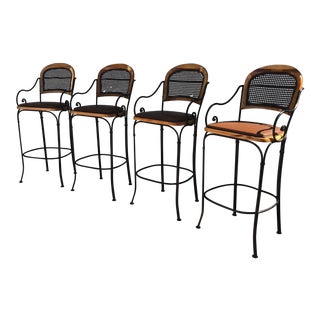 Vintage Maitland Smith Iron & Wood Bar Stools - Set of 4 For Sale