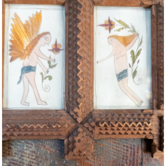 Brown Early 20th Century Folk Art Tramp Art Double Picture Frame With Watercolors For Sale - Image 8 of 15