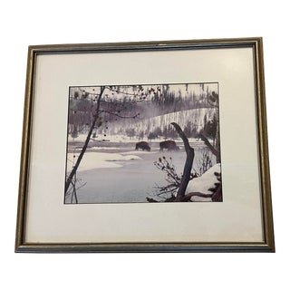 Buffaloes in Yellowstone National Park in Winter Black & White Photograph For Sale