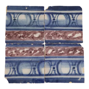 18th Century Antique Portuguese Set of Four Blue, White and Brown Spongeware Baroque Tiles