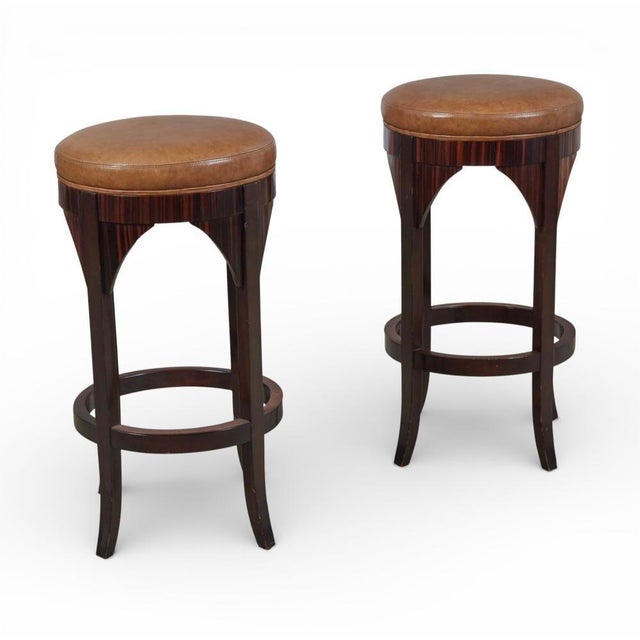 Dessin Fournir Pair of Dessin Fournir Macassar Ebony & Leather Jansen Bar Counter Stools For Sale - Image 4 of 5