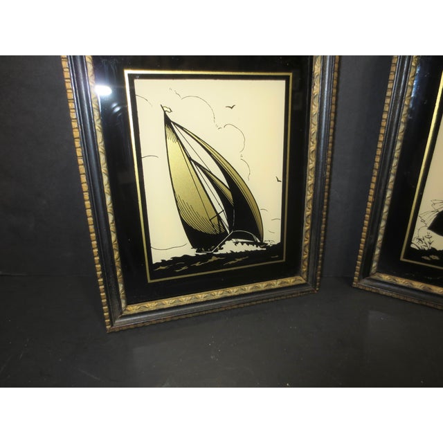 Art Deco Pair of 2 Antique Reverse Glass Enamel and Gold Silhouette- Pair of 2 For Sale - Image 3 of 7