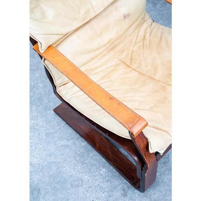 Tan Mid Century Danish Modern Lounge Chair Brown Leather Armchair Tan Saddle Arms For Sale - Image 8 of 12