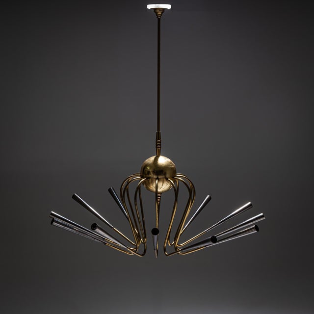 Gold Sputnik Brass Chandelier, Italy, Mid-20th Century For Sale - Image 8 of 9