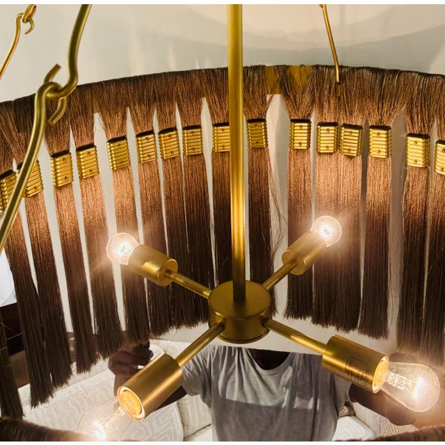Original retail $5075, stylish Arteriors Modern Silk and Brass Dutchess Chandelier, showroom floor sample