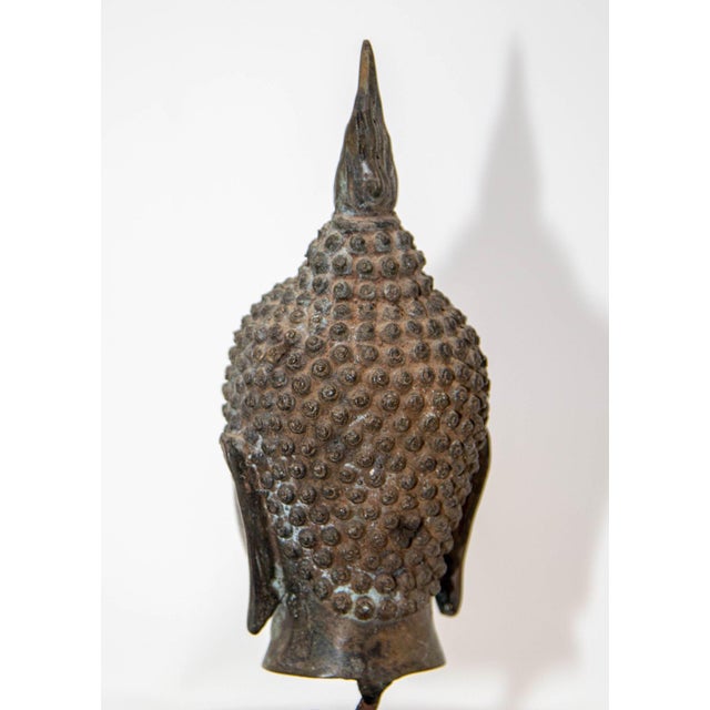 Metal Antique Bronze Buddha Head Sculpture With Verdigris on Stand 19th C. For Sale - Image 7 of 12