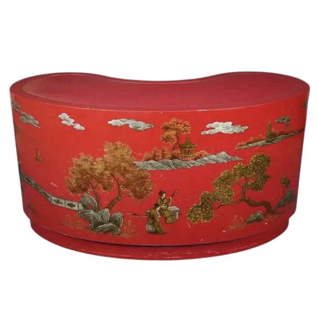 Vintage Red & Gold Leather Top Kidney Shaped Chinoiserie Painted Desk